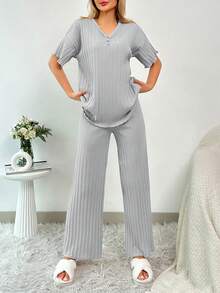 RueChic 2Pcs/Women's Button Details And Lettuce Trim Detail Homewear Lounge Set - Light Grey - View 4