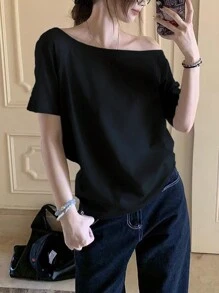 INAWLY Women's Solid Color Off-Shoulder Short Sleeve Casual T-Shirt For Summer