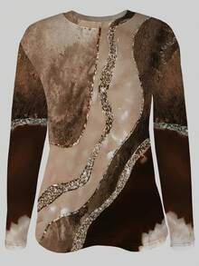 INAWLY 女士休闲大理石印花长袖 T 恤，春秋 - 白色 - 查看 4