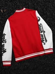 Manfinity LEGND Men's Solid Color Patchwork Front Button Long Sleeve Letter Print Casual Baseball Jacket, Red Varsity Jacket, New York Baseball Jacket, Red And White Baseball Jacket, For Fall