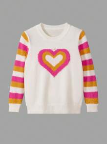 Suéter de niñas con  de color gruesos, patrón de corazón a rayas, apropiado para salidas y fiestas, nueva llegada de otoño/invierno - Blanco - Ver 4