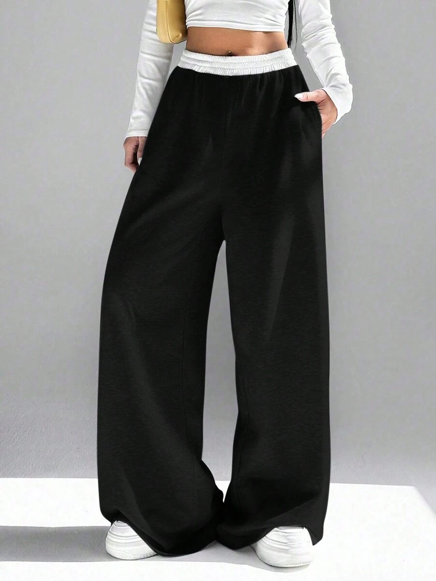 SHEIN Tween Girl Street-Style Ribbed Waistline Contrast-Color Casual Sweatpants - Black - View 1