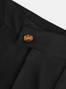 SHEIN Girlism 青少年女孩黑色优雅不对称腰部纽扣拉链直筒裤 - 黑色 - 查看 3