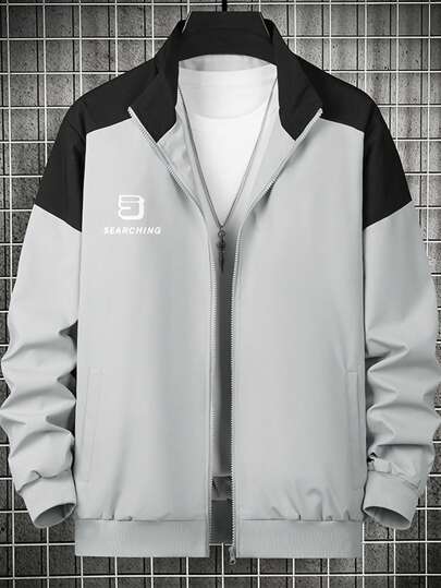 Manfinity Fitness Chaqueta deportiva informal tipo "boyfriend" para hombres con estampado de letras, manga larga, cierre delantero de cremallera y parches de unicolor