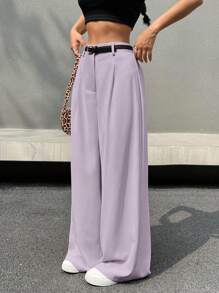 Muchica 纯色简约阔腿西裤，休闲日常穿着 - 淡紫色 - 查看 5
