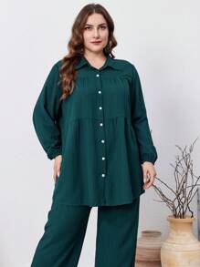 Graceveil Set de 2 piezas de pantalones con botones y mangas largas de unicolor de talla grande, elegantes y casuales, coordinados de 2 piezas para viajes, uso casual, hogar u ocasiones festivas