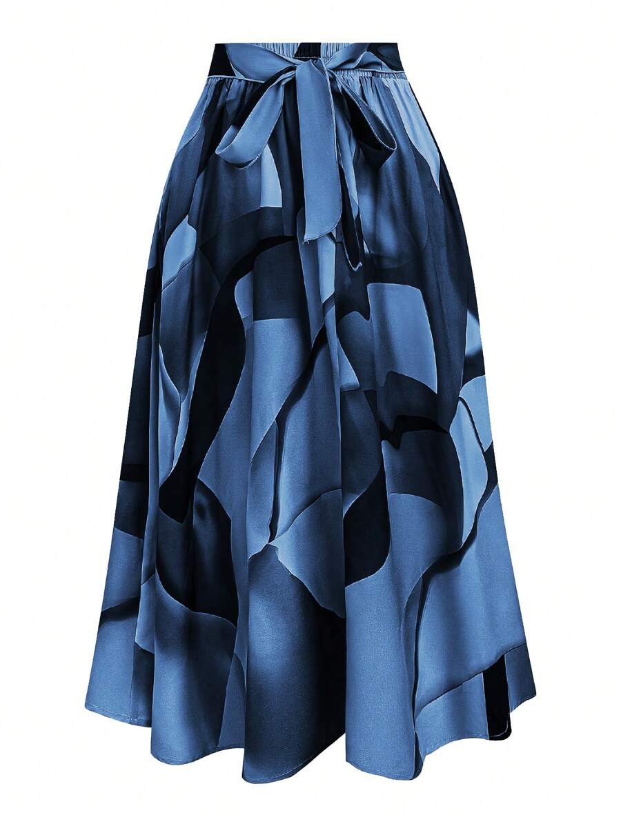 Franclia Váy maxi cỡ lớn dành cho nữ, in họa tiết toàn thân, thắt dây phía trước. - Màu xanh hải quân - Xem 1