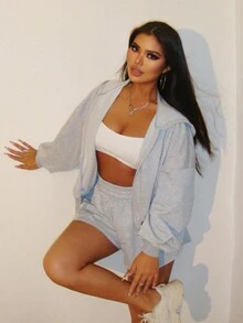 VaVaBold 2 chiếc áo khoác trùm đầu màu trơn trễ vai và quần short thời trang thường ngày cho nữ xuân/thu - Xám - Xem 3