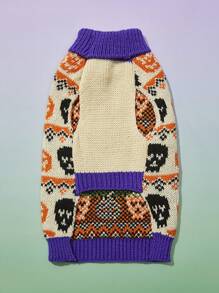 PETSIN 1pc Pet Cute Fall Halloween Pumpkin Skull Pattern Warm Fashionable Apricot Knitted Sweater - Multicolor - View 6