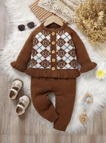 2 Stücke stilvoller Strick-Outfit für Kleinkind, vintage Blumen Jacquard Strickjacke mit Rüschen-Manschetten und lässige Hose, komfortables und modisches Set für Babys - Kaffeebraun - Übersicht 1
