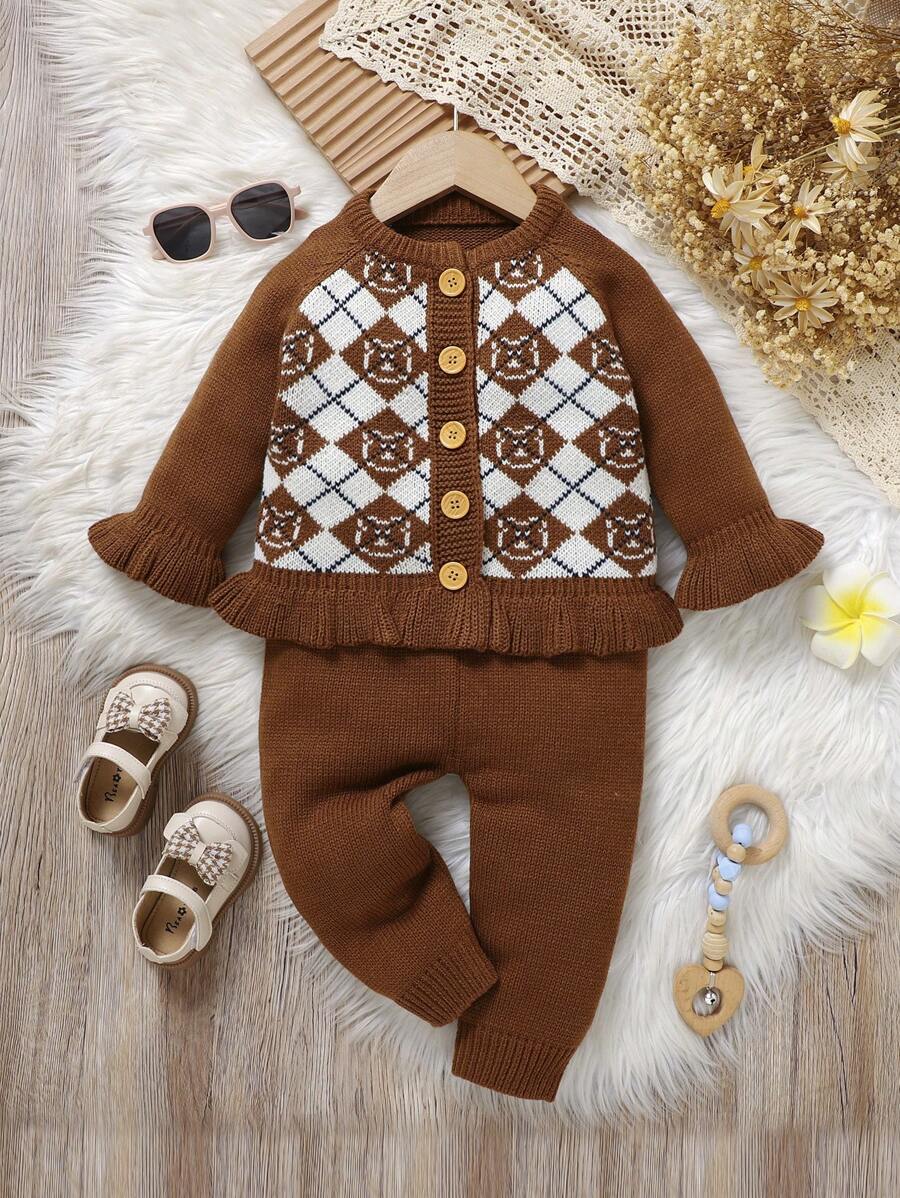 2 Stücke stilvoller Strick-Outfit für Kleinkind, vintage Blumen Jacquard Strickjacke mit Rüschen-Manschetten und lässige Hose, komfortables und modisches Set für Babys - Kaffeebraun - Übersicht 1