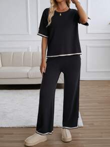 Women's Fashion Knit Short Sleeve Top And Pants 2-Piece Set - Black - View 3