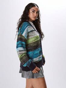 MUSERA Contrast Binding Marble Knit Cardigan Spring Casual Y2k 90's Stripe Oversized Airport Holiday Fall Back To School Autumn Winter Everyday  Work Office   Chic Sweater Spring - Multicolor - View 2