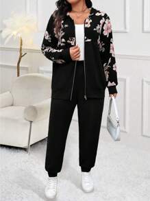 EMERY ROSE Taglia comoda Donna 2 pezzi/Set, giacca con cappuccio con chiusura lampo e stampa floreale a maniche lunghe, pantaloni con polsini elasticizzati, autunno/inverno