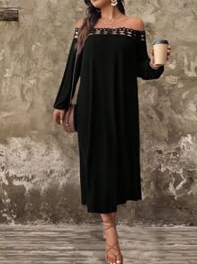 SHEIN LUNE Vestido de manga larga con escote con abertura, unicolor, aplicación de encaje y abertura lateral para talla grande - Negro - Ver 4