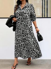 Breezaya Plus Size Leopard Print Button Front Long Shirt Dress For Vacation & Casual Wear Maxi Women Outfit Fall Cloth For Women - Multicolor - View 4