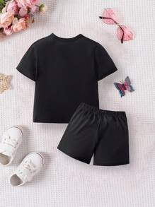 SHEIN 2pcs Baby Girls' Casual Versatile Simple Graphic Print Sports Outfit, Spring & Summer - Black - View 2