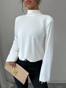 Elenzga 女士优雅纯色落肩长袖修身衬衫，秋季，露背上衣 - 白色 - 查看 5