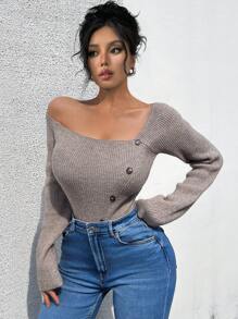 Chiquease Asymmetrical Shoulder Knitted Casual Long Sleeve Sweater, Fall Winter - Camel - View 1