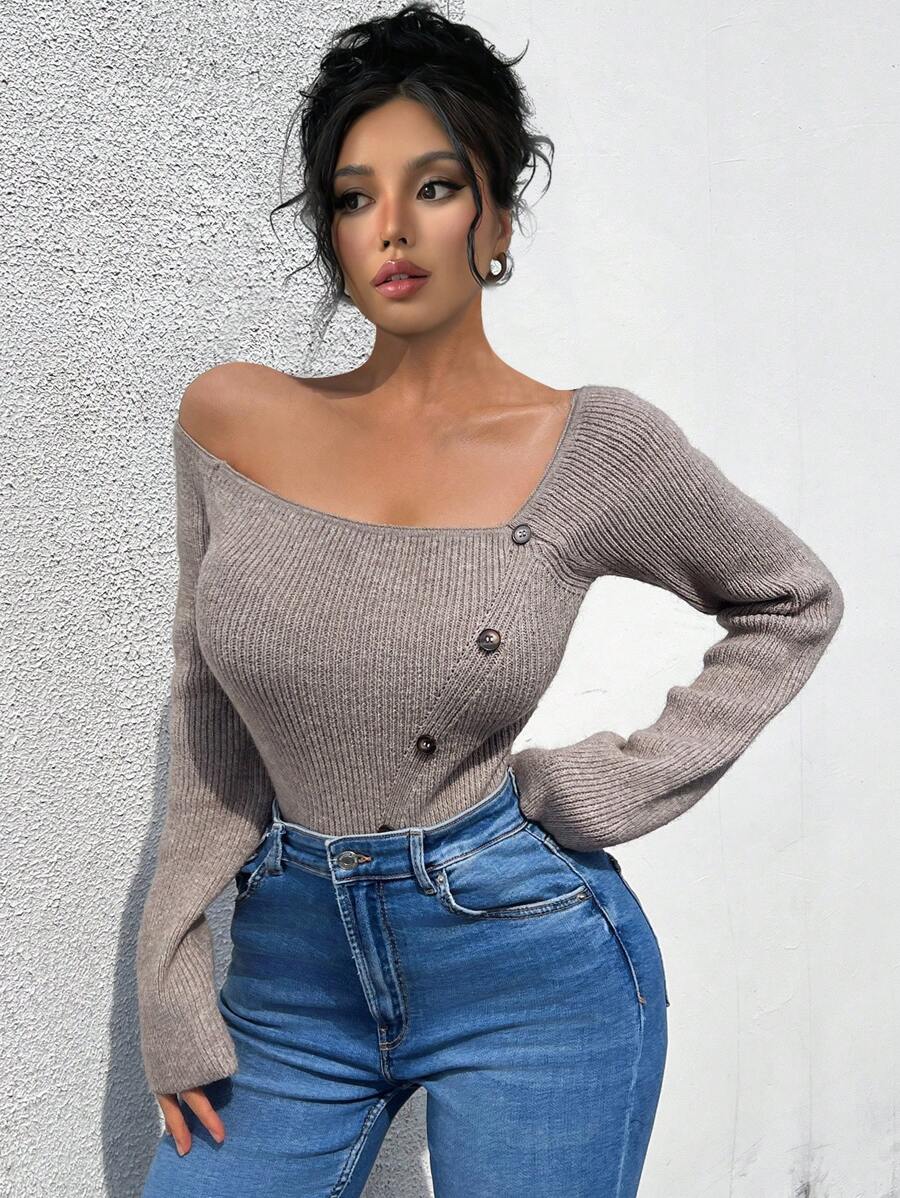 Chiquease Asymmetrical Shoulder Knitted Casual Long Sleeve Sweater, Fall Winter - Camel - View 1