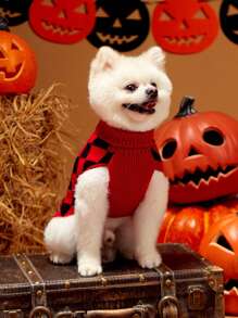 PETSIN 1pc Pet Halloween Red & Black Plaid Striped Clown Costume Warm & Comfy Dog Sweater - Multicolor - View 4