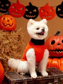 PETSIN 1pc Pet Halloween Frightening Expression Orange Black Color Blocking Warm Cozy Dog Sweater - Multicolor - View 4