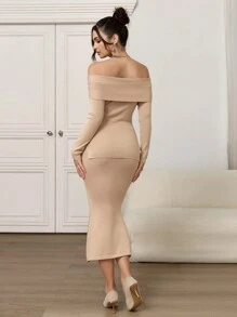 Modelyn 2pcs Women Solid Color Off-Shoulder Long Sleeve Sweater And Long Maxi Skirt Set, Elegant Outfit 2 Pieces Set - Khaki - View 7