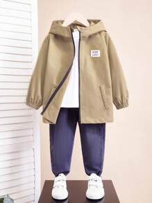 1pc Boys Casual Hooded Jacket With Letter Graphic, Thick & Warm Outerwear For Young Boys, Suitable For School, Daily Wear, Sports, Fall/Winter Season