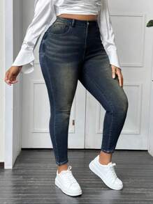SHEIN SXY Jeans décontractés polyvalents moulants avec poches pour femmes grandes tailles