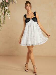 L'Amorae Satin Dotted Floral Mesh Babydoll Cami Dress