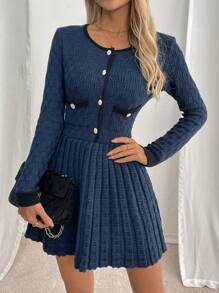 Calvaya Retro French Style Sweater Dress, Thick Polyester Fabric, Waist Design, Fitted Silhouette, Navy Blue, Suitable For Party, Outing And Street Wear, Autumn/Winter