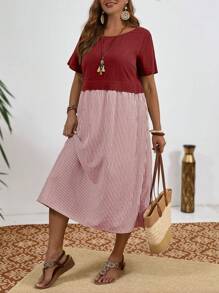 EMERY ROSE Vestido de verano de talla grande, vestido campestre de bloqueo de color con cuello redondo, manga corta, vestido de verano a rayas para mujer