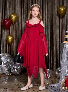 SHEIN Vestido longo elegante Borgonha para meninas pré-adolescentes, adequado para baile de formatura, festa, aniversário, eventos de feriados como Halloween, Natal, Páscoa