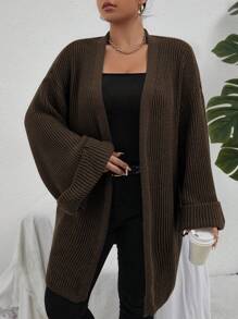Calvaya Plus Size Casual Solid Color Flare Sleeve Cardigan, Autumn, For Winter Fall Cloth For Women - Coffee Brown - View 3