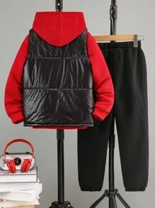 3 件套 Tween Boy 背心、字母印花连帽衫和裤子套装，休闲宽松，秋冬 - 彩色 - 查看 2