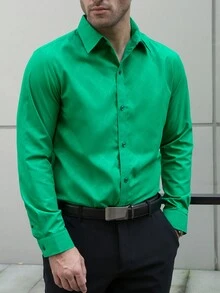 Manfinity Homme 男士休闲菱形图案长袖衬衫，春秋 - 綠色 - 查看 3