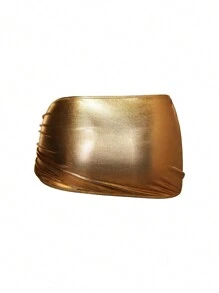 SHEIN X Sofía Suescun Swim SXY 全新金属纯色不对称配饰罩衫沙滩迷你裙，适合夏季海滩度假 - 金色 - 查看 6