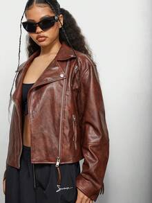SUMWON WOMEN 优质机车摩托车皮夹克冬季外套前卫街头风格拉链秋季时尚休闲现代都市素食皮革短款外套 - 棕色 - 查看 4