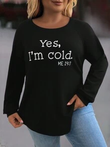 SHEIN LUNE Plus Size Spring Autumn Casual Slogan Printed T-Shirt Winter Clothes - Black - View 5