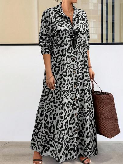 Breezaya Váy sơ mi dài in họa tiết da báo cỡ lớn cài nút phía trước cho kỳ nghỉ & mặc thường ngày cho trang phục Maxi dành cho phụ nữ vải mùa thu cho phụ nữ