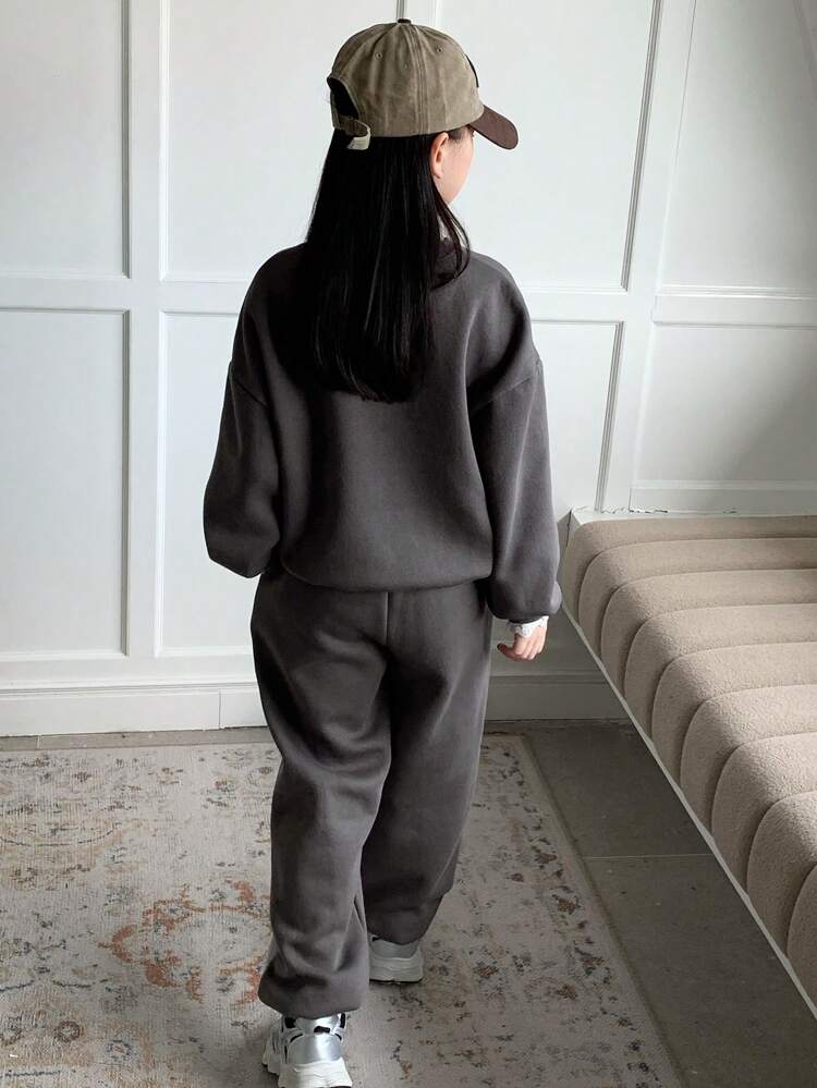 2pcs/Set Tween Girls Graphic Print Knit Thermal Lined Crew Neck Outfit, Fall