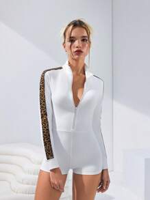 VARSITIE Mono deportivo de mujer con estampado de leopardo, ropa básica sencilla para otoño e invierno - Blanco - Ver 3