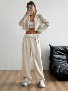 Flirla Women's Casual Solid Color Jacket And Pants Suit, Spring And Autumn Fall Cloth For Women - Apricot - View 1