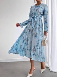 SHEIN Clasi Ladies Floral Print Patchwork Frill Trim Long Sleeve Midi Casual Dress - Blue and White - View 5