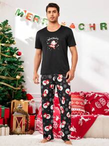 CoupledUp Santa Claus & Snowman Graphic Print Cute Christmas Men's Pajama Set - Multicolor - View 2