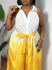 Slaydiva 大碼無袖漸層印花黃色連身裝，腰部綁帶和缺口領，女性夏季度假裝 - 黃色 - 查看 6