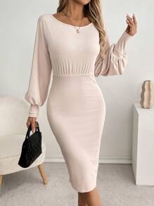 SHEIN LUNE 女士纯色圆领灯笼袖修身优雅连衣裙，春夏 - 杏色 - 查看 3