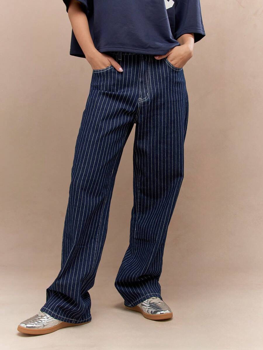 MISSGUIDED Pinstripe Straight Fit Jeans - Blue and White - View 1