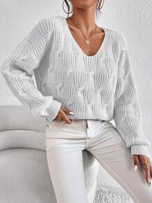 Chiquease Solid V-Neck Long Sleeve Casual Pullover Sweater Knit Pullover Fall Winter Outfit