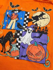ROMWE Teenage Girls' Casual Cute Halloween Black Cat, Pumpkin & Witch Graphic Loose Slanted Neck T-Shirt - Orange - View 3